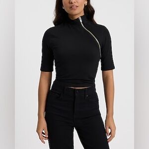 Body Contour Stretch Cotton Zip Mock Neck Elbow Sleeve Tee